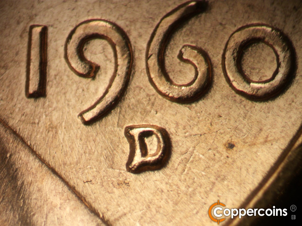 Die-stage B marker on 1960D•1MM•200 showing Closeup of repunched mint mark. Short N/S die scratch from 9 in date.