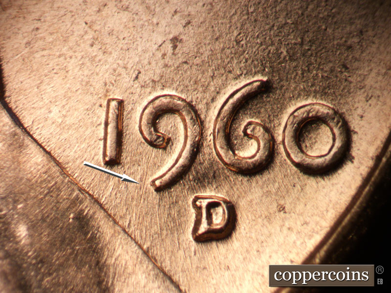 Die-stage A marker on 1960D•1MM•202 (1960 Repunched Mint Mark).