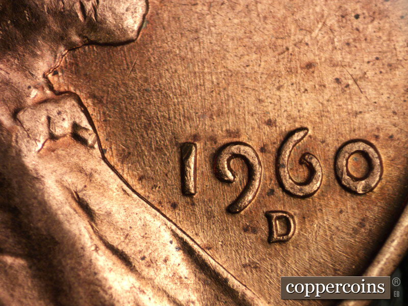 Die-stage B marker on 1960D•1MM•205 (1960 Repunched Mint Mark).