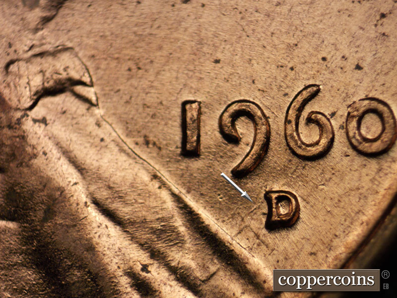Die-stage B marker on 1960D•1MM•214 (1960 Repunched Mint Mark).