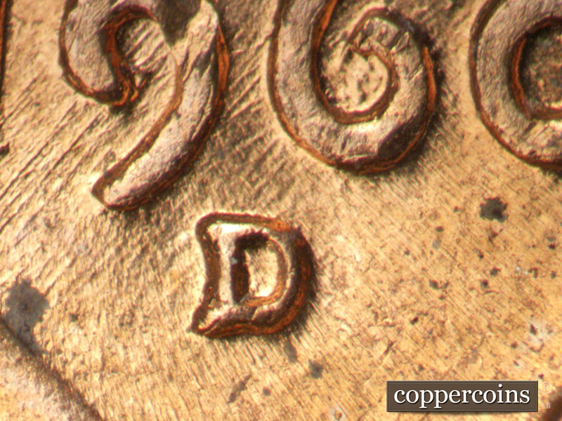 Die-stage A marker on 1960D•1MM•222 (1960 Repunched Mint Mark).