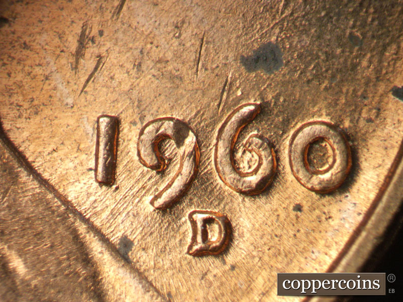 Die-stage A marker on 1960D•1MM•222 (1960 Repunched Mint Mark).