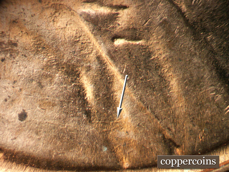 Die-stage A marker on 1960D•1MM•222 (1960 Repunched Mint Mark).