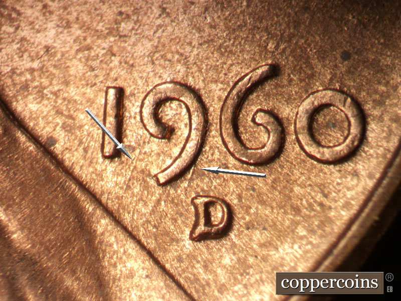 Die-stage B marker on 1960D•1MM•284 (1960 Repunched Mint Mark).