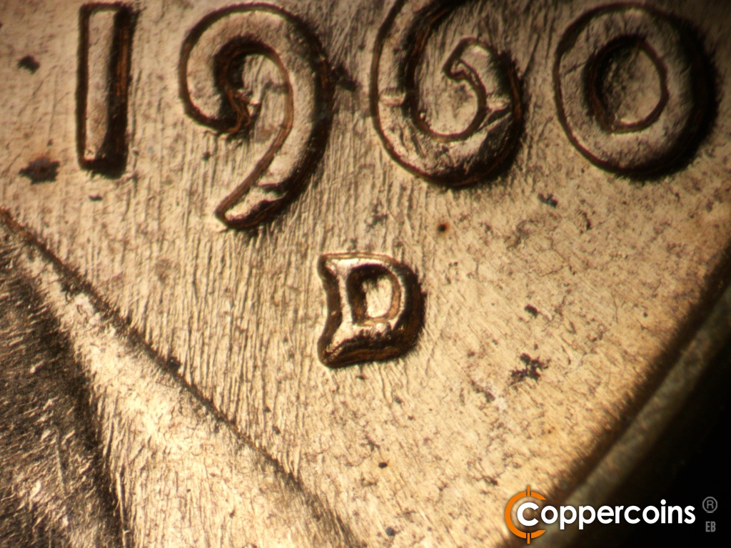 Die-stage B marker on 1960D•1MM•295 showing CLoseup of repunched mint mark.