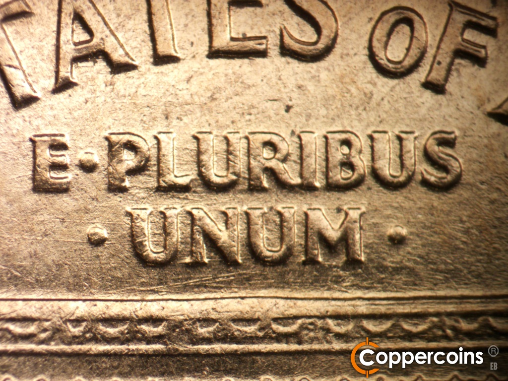 Die-stage B marker on 1960D•1MM•295 showing Die scratches through PLURIBUS UNUM.