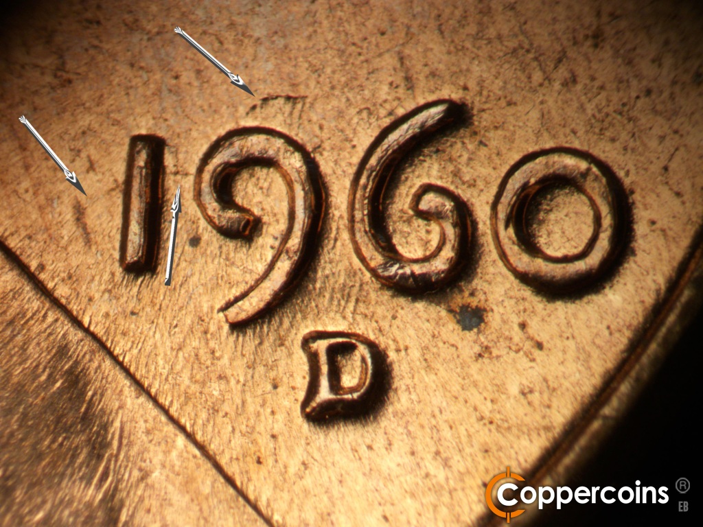 Die-stage C marker on 1960D•1MM•296 showing Die crack through upper 1 and 9 of date.