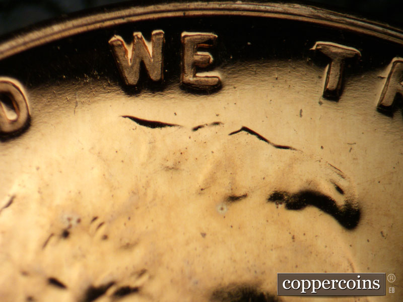 Die-stage B marker on 1960P•1DO•003P (1960 Doubled Die Obverse).