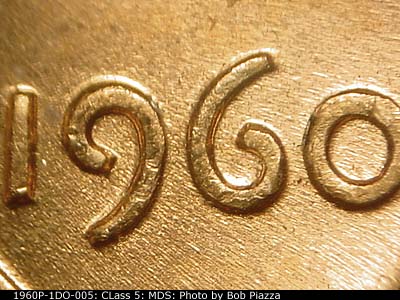 Die-stage B marker on 1960P•1DO•005 (1960 Doubled Die Obverse).