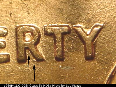Die-stage B marker on 1960P•1DO•005 (1960 Doubled Die Obverse).