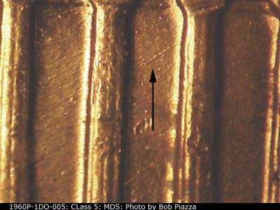 Die-stage B marker on 1960P•1DO•005 (1960 Doubled Die Obverse).