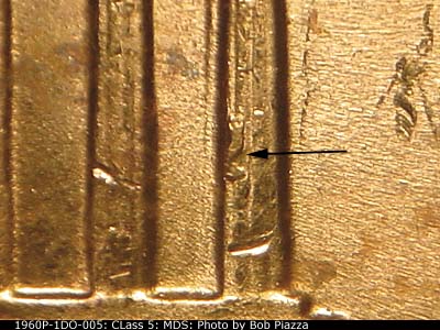 Die-stage B marker on 1960P•1DO•005 (1960 Doubled Die Obverse).