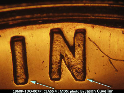 Die-stage B marker on 1960P•1DO•007P (1960 Doubled Die Obverse).