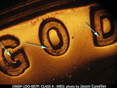 Die-stage B marker on 1960P•1DO•007P (1960 Doubled Die Obverse).