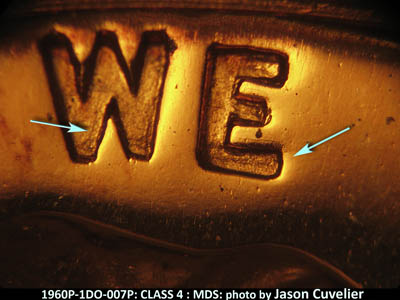 Die-stage B marker on 1960P•1DO•007P (1960 Doubled Die Obverse).