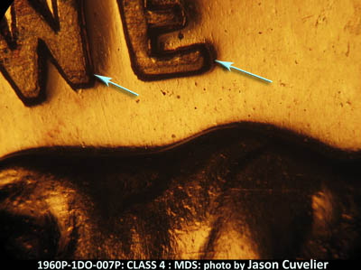 Die-stage B marker on 1960P•1DO•007P (1960 Doubled Die Obverse).