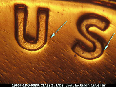 Die-stage B marker on 1960P•1DO•008P (1960 Doubled Die Obverse).
