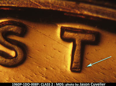 Die-stage B marker on 1960P•1DO•008P (1960 Doubled Die Obverse).