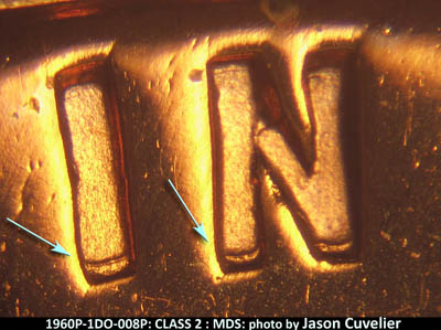 Die-stage B marker on 1960P•1DO•008P (1960 Doubled Die Obverse).