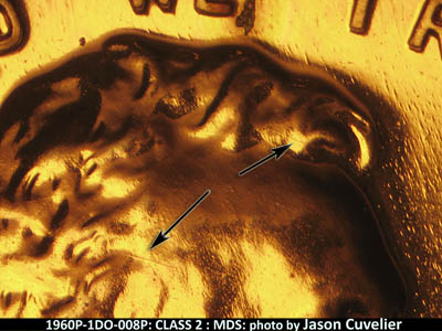 Die-stage B marker on 1960P•1DO•008P (1960 Doubled Die Obverse).