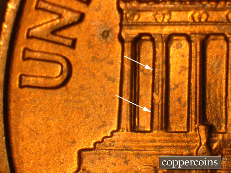 Die-stage B marker on 1960P•1DO•010 (1960 Doubled Die Obverse).