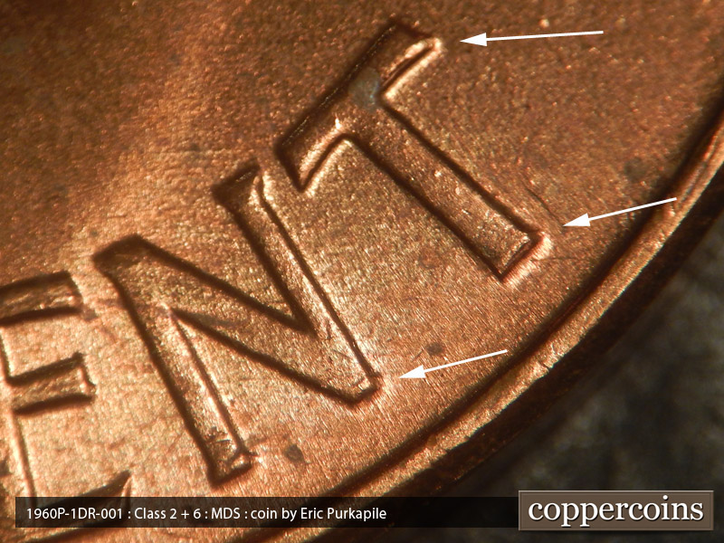 Die-stage B marker on 1960P•1DR•001 (1960 Doubled Die Reverse).