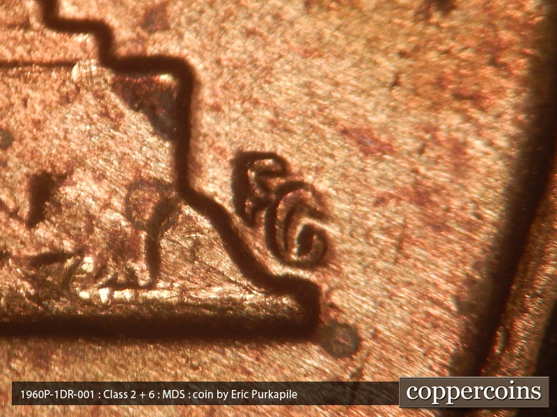 Die-stage B marker on 1960P•1DR•001 (1960 Doubled Die Reverse).