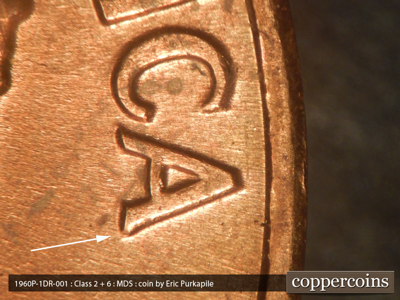Die-stage B marker on 1960P•1DR•001 (1960 Doubled Die Reverse).