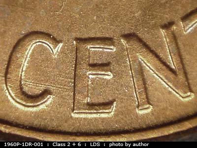 Die-stage C marker on 1960P•1DR•001 (1960 Doubled Die Reverse).