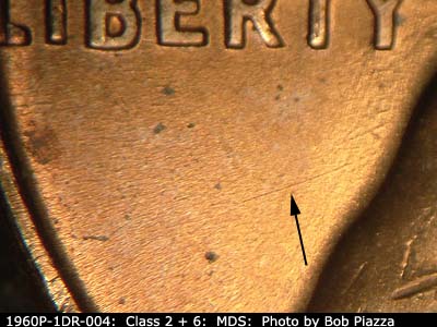 Die-stage B marker on 1960P•1DR•004 (1960 Doubled Die Reverse).