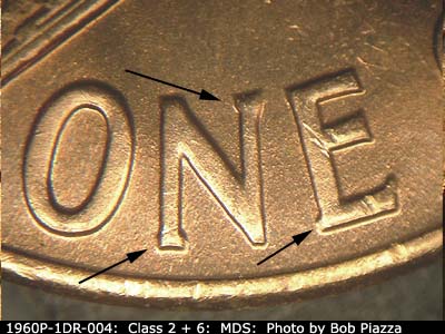 Die-stage B marker on 1960P•1DR•004 (1960 Doubled Die Reverse).