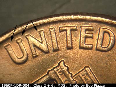 Die-stage B marker on 1960P•1DR•004 (1960 Doubled Die Reverse).