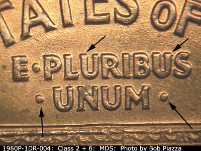 Die-stage B marker on 1960P•1DR•004 (1960 Doubled Die Reverse).