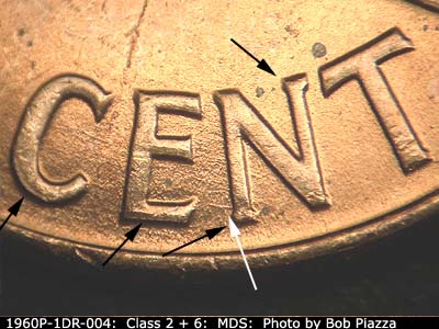 Die-stage B marker on 1960P•1DR•004 (1960 Doubled Die Reverse).