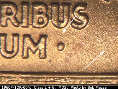 Die-stage B marker on 1960P•1DR•004 (1960 Doubled Die Reverse).