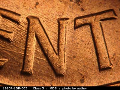 Die-stage B marker on 1960P•1DR•005 (1960 Doubled Die Reverse).