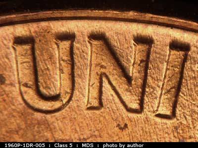 Die-stage B marker on 1960P•1DR•005 (1960 Doubled Die Reverse).