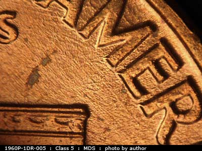 Die-stage B marker on 1960P•1DR•005 (1960 Doubled Die Reverse).