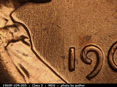 Die-stage B marker on 1960P•1DR•005 (1960 Doubled Die Reverse).