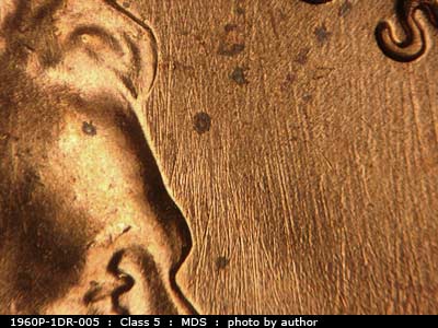 Die-stage B marker on 1960P•1DR•005 (1960 Doubled Die Reverse).
