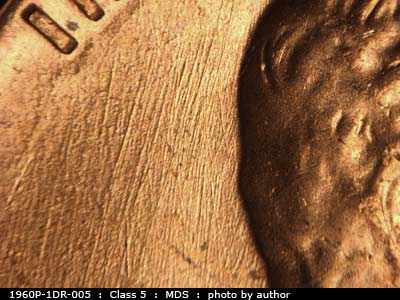 Die-stage B marker on 1960P•1DR•005 (1960 Doubled Die Reverse).