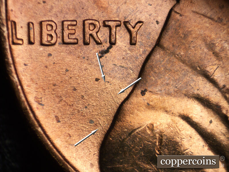 Die-stage B marker on 1960P•1DR•006 (1960 Doubled Die Reverse).