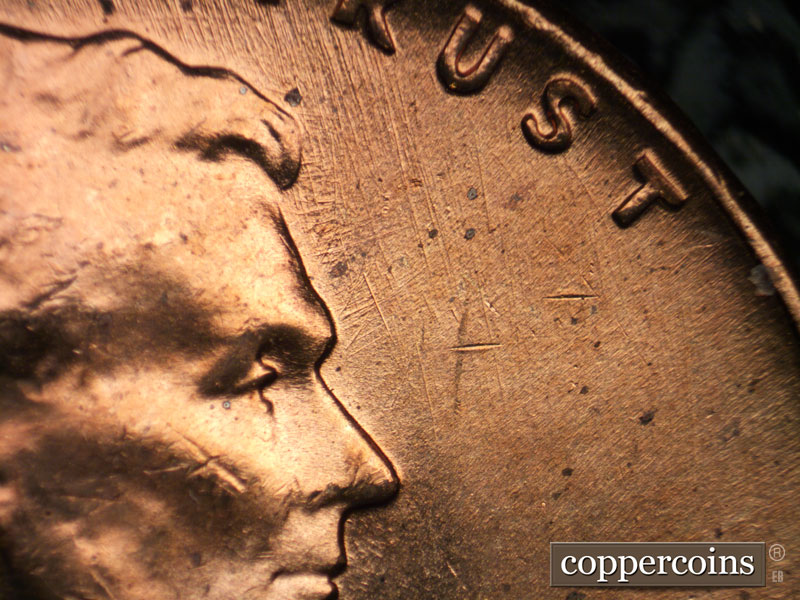Die-stage B marker on 1960P•1DR•006 (1960 Doubled Die Reverse).