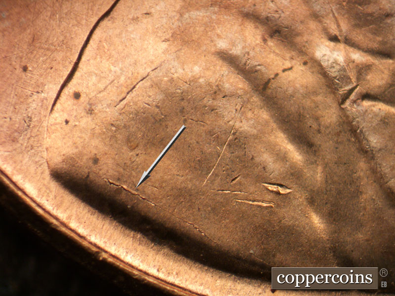 Die-stage A marker on 1960P•1DR•007 (1960 Doubled Die Reverse).