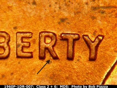 Die-stage B marker on 1960P•1DR•007 (1960 Doubled Die Reverse).