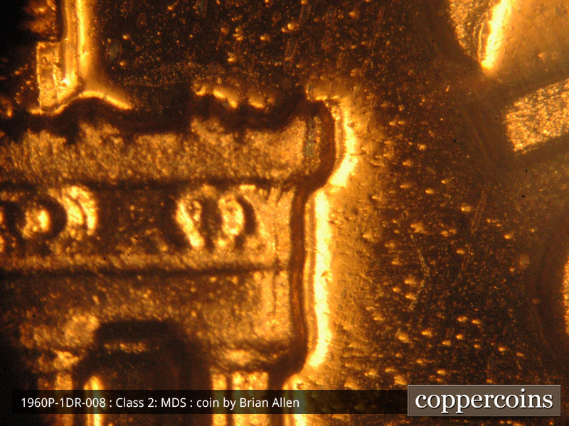 Die-stage B marker on 1960P•1DR•008P (1960 Doubled Die Reverse).
