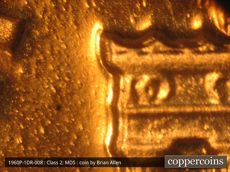 Die-stage B marker on 1960P•1DR•008P (1960 Doubled Die Reverse).