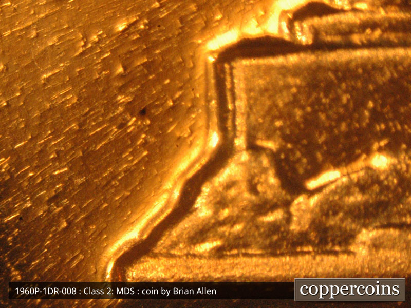 Die-stage B marker on 1960P•1DR•008P (1960 Doubled Die Reverse).