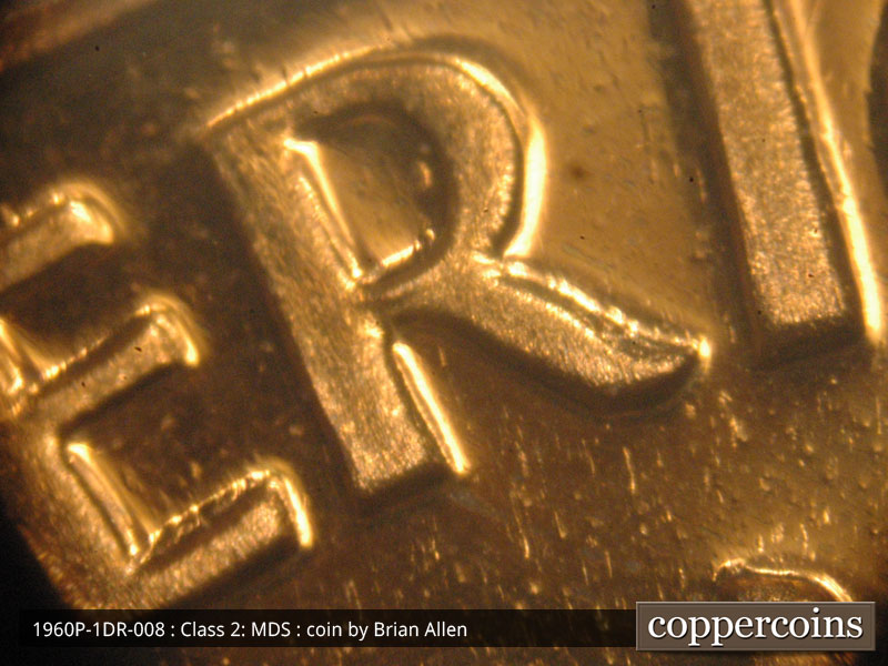Die-stage B marker on 1960P•1DR•008P (1960 Doubled Die Reverse).