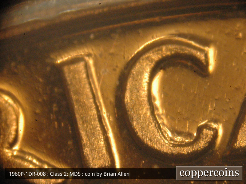 Die-stage B marker on 1960P•1DR•008P (1960 Doubled Die Reverse).